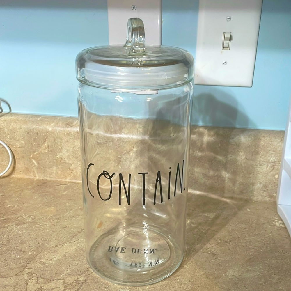 Large Rae Dunn Glass Canister Container with Black Lettering